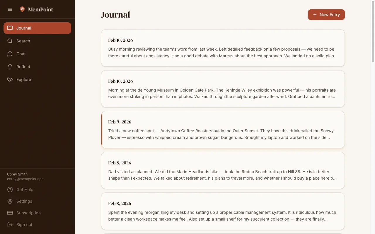 The MemPoint journal, showing entries with AI-extracted people, places, and tags